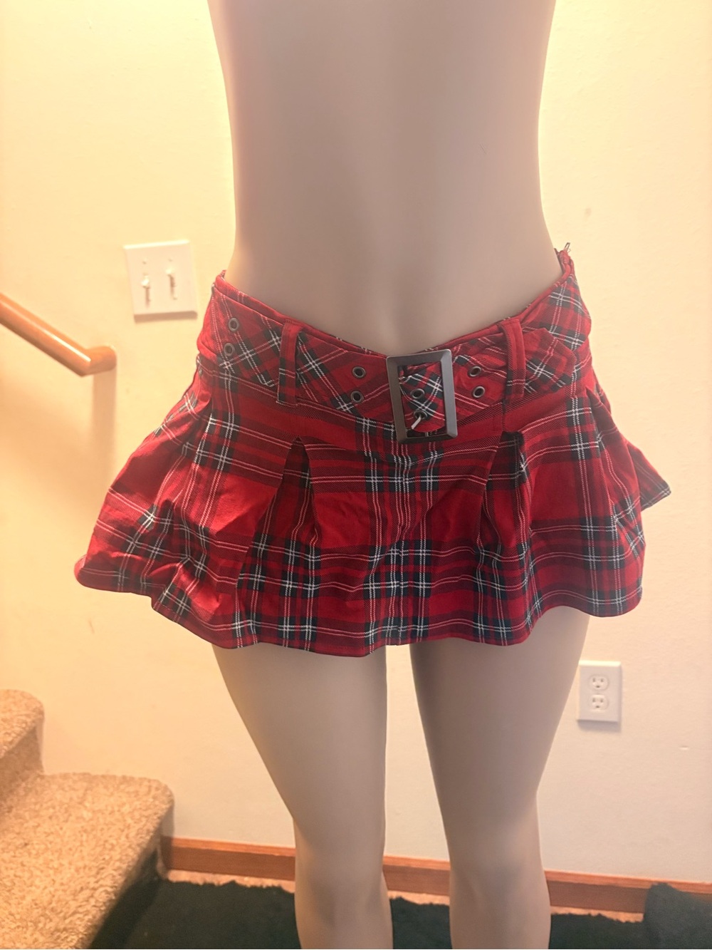 Red Plaid Pleated Mini Skirt with Buckle Waist